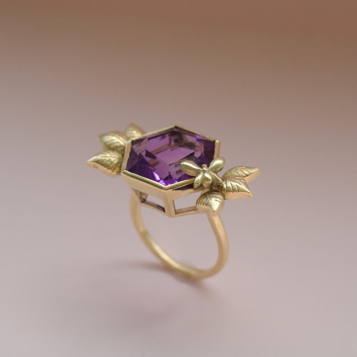 Statement gold and amethyst bee ring