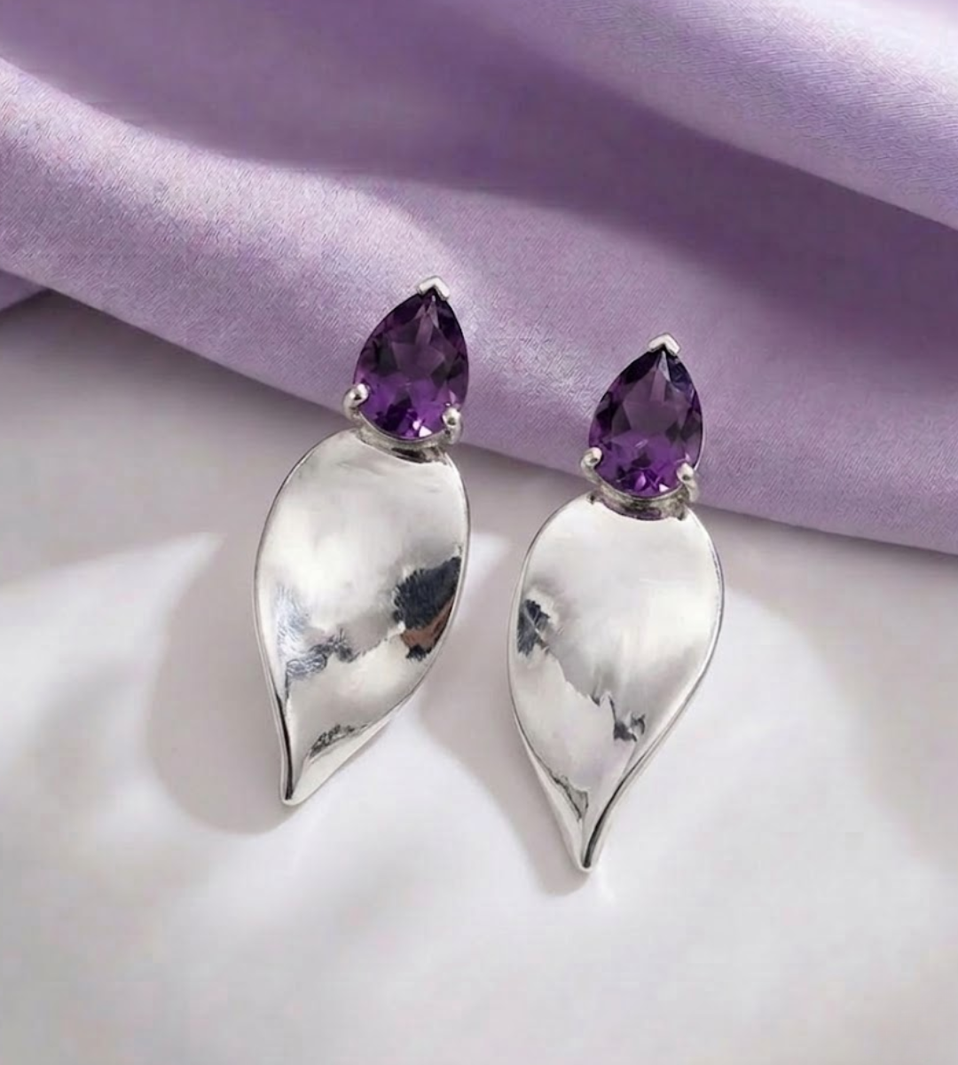 Edele elegant twisted silver petal earrings with pear cut amethyst 2