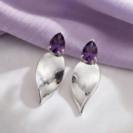Edele elegant twisted silver petal earrings with pear cut amethyst 2