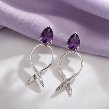 Edele statement twisted ribbon silver earrings with pear cut amethysts 2