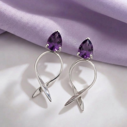 Edele statement twisted ribbon silver earrings with pear cut amethysts 2